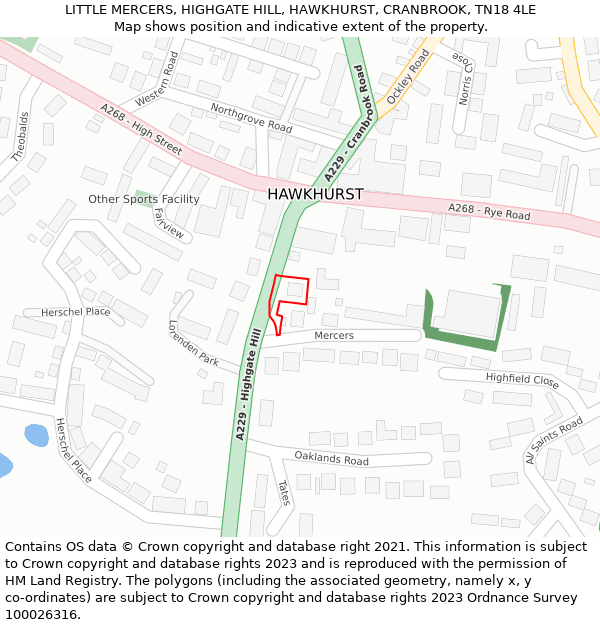 LITTLE MERCERS, HIGHGATE HILL, HAWKHURST, CRANBROOK, TN18 4LE: Location map and indicative extent of plot