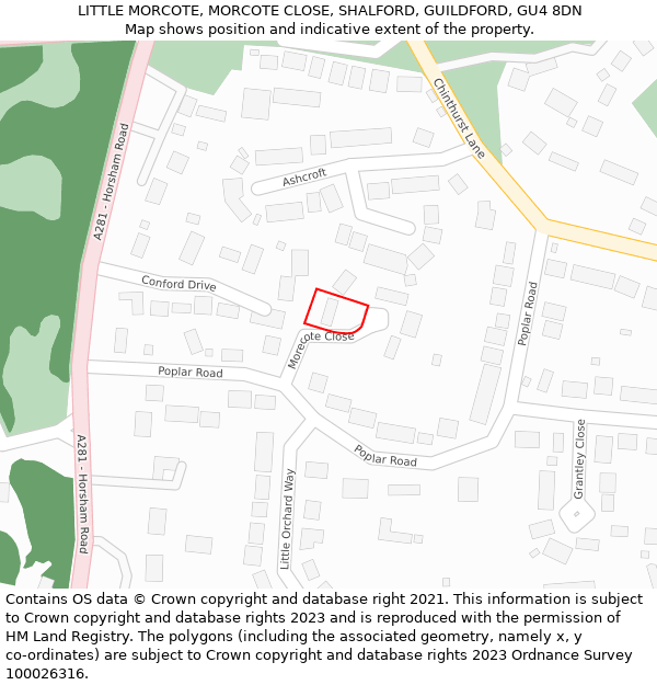 LITTLE MORCOTE, MORCOTE CLOSE, SHALFORD, GUILDFORD, GU4 8DN: Location map and indicative extent of plot