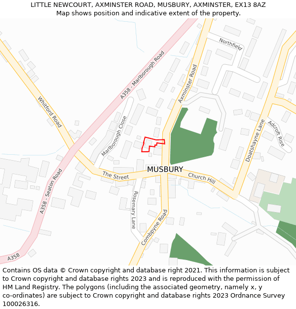 LITTLE NEWCOURT, AXMINSTER ROAD, MUSBURY, AXMINSTER, EX13 8AZ: Location map and indicative extent of plot