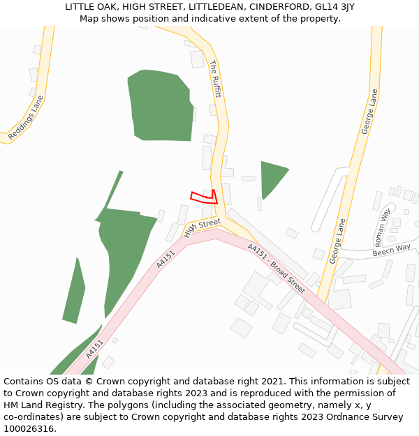 LITTLE OAK, HIGH STREET, LITTLEDEAN, CINDERFORD, GL14 3JY: Location map and indicative extent of plot