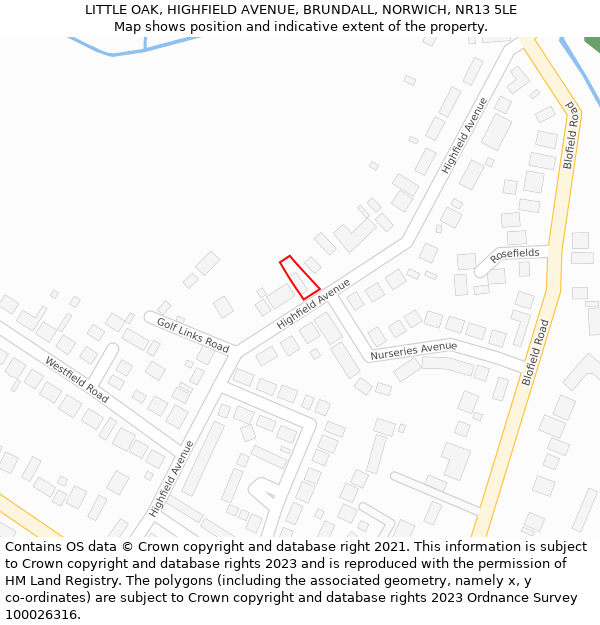 LITTLE OAK, HIGHFIELD AVENUE, BRUNDALL, NORWICH, NR13 5LE: Location map and indicative extent of plot