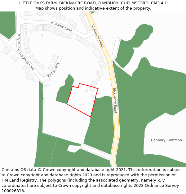 LITTLE OAKS FARM, BICKNACRE ROAD, DANBURY, CHELMSFORD, CM3 4JH: Location map and indicative extent of plot