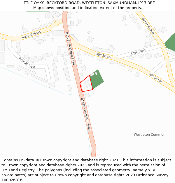 LITTLE OAKS, RECKFORD ROAD, WESTLETON, SAXMUNDHAM, IP17 3BE: Location map and indicative extent of plot