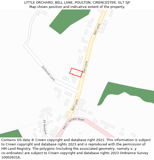 LITTLE ORCHARD, BELL LANE, POULTON, CIRENCESTER, GL7 5JF: Location map and indicative extent of plot