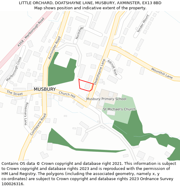 LITTLE ORCHARD, DOATSHAYNE LANE, MUSBURY, AXMINSTER, EX13 8BD: Location map and indicative extent of plot