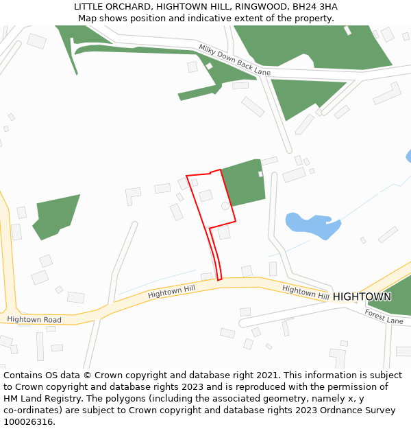 LITTLE ORCHARD, HIGHTOWN HILL, RINGWOOD, BH24 3HA: Location map and indicative extent of plot