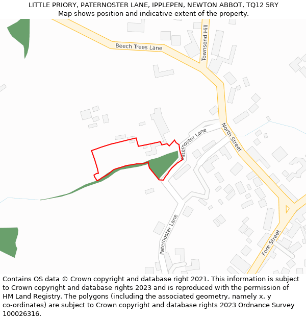 LITTLE PRIORY, PATERNOSTER LANE, IPPLEPEN, NEWTON ABBOT, TQ12 5RY: Location map and indicative extent of plot