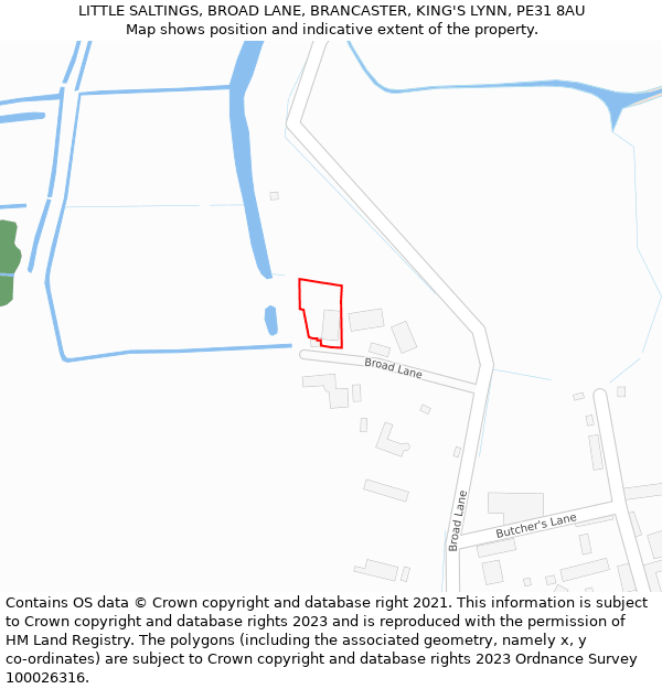 LITTLE SALTINGS, BROAD LANE, BRANCASTER, KING'S LYNN, PE31 8AU: Location map and indicative extent of plot