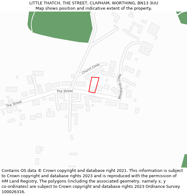 LITTLE THATCH, THE STREET, CLAPHAM, WORTHING, BN13 3UU: Location map and indicative extent of plot
