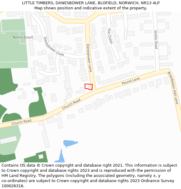 LITTLE TIMBERS, DANESBOWER LANE, BLOFIELD, NORWICH, NR13 4LP: Location map and indicative extent of plot
