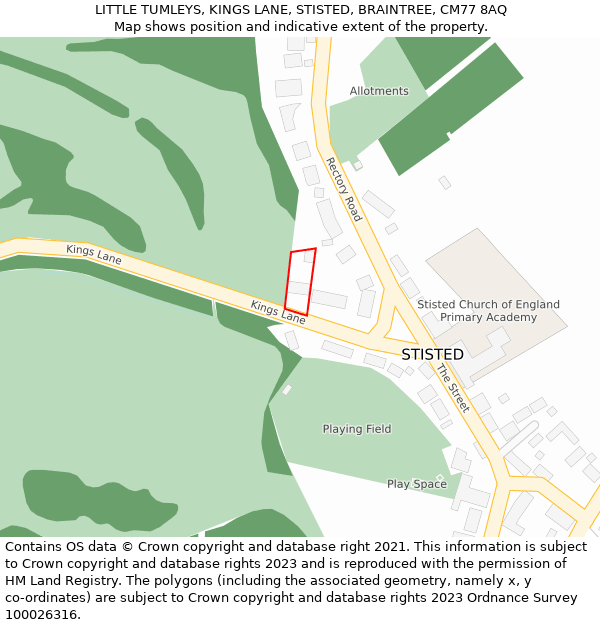 LITTLE TUMLEYS, KINGS LANE, STISTED, BRAINTREE, CM77 8AQ: Location map and indicative extent of plot