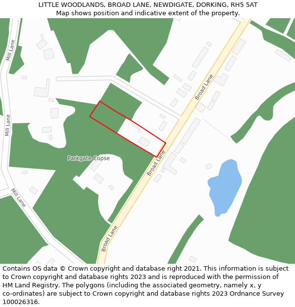 LITTLE WOODLANDS, BROAD LANE, NEWDIGATE, DORKING, RH5 5AT: Location map and indicative extent of plot