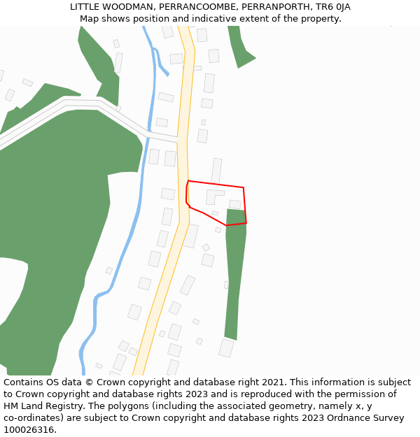 LITTLE WOODMAN, PERRANCOOMBE, PERRANPORTH, TR6 0JA: Location map and indicative extent of plot