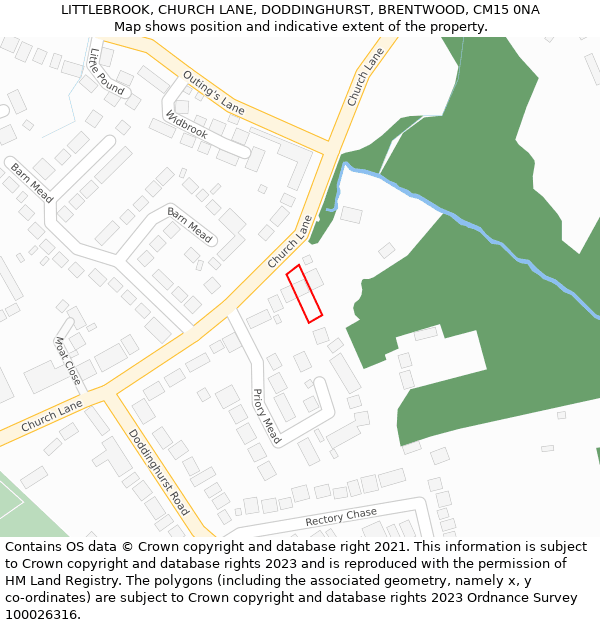 LITTLEBROOK, CHURCH LANE, DODDINGHURST, BRENTWOOD, CM15 0NA: Location map and indicative extent of plot