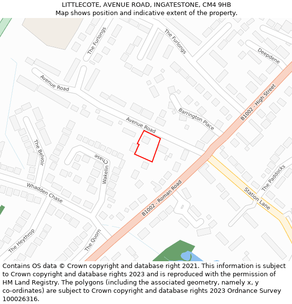 LITTLECOTE, AVENUE ROAD, INGATESTONE, CM4 9HB: Location map and indicative extent of plot
