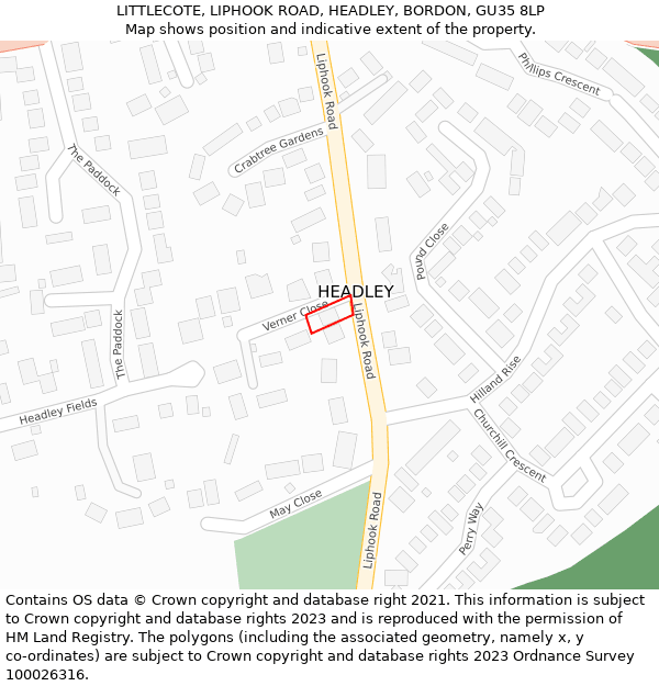 LITTLECOTE, LIPHOOK ROAD, HEADLEY, BORDON, GU35 8LP: Location map and indicative extent of plot