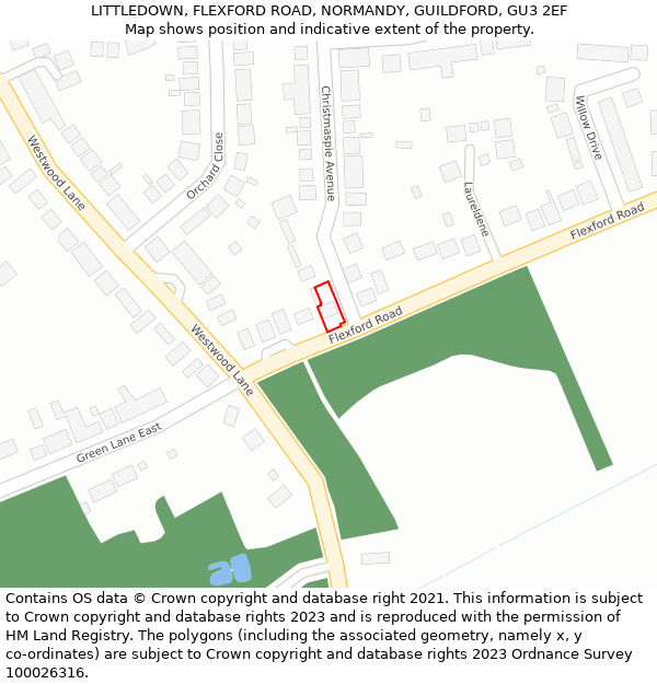 LITTLEDOWN, FLEXFORD ROAD, NORMANDY, GUILDFORD, GU3 2EF: Location map and indicative extent of plot