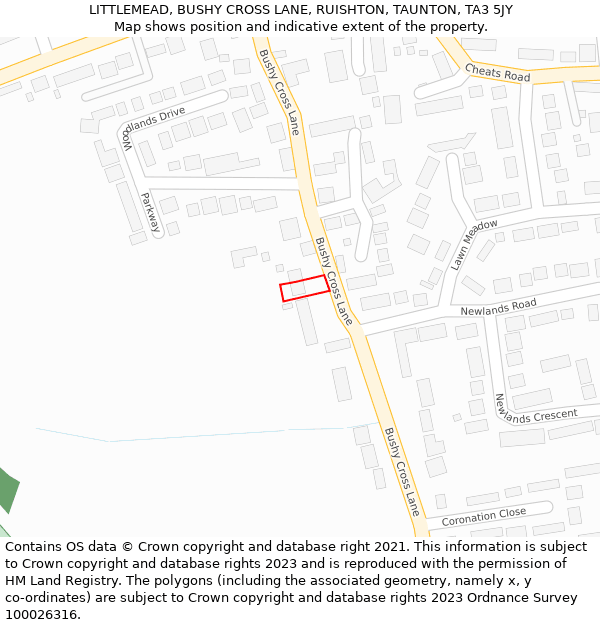 LITTLEMEAD, BUSHY CROSS LANE, RUISHTON, TAUNTON, TA3 5JY: Location map and indicative extent of plot