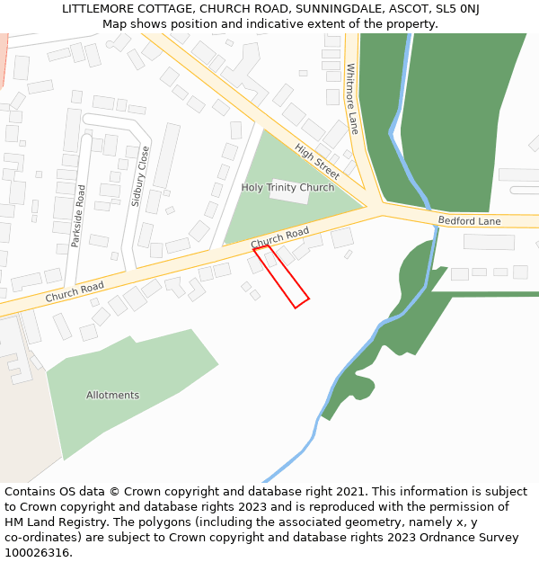 LITTLEMORE COTTAGE, CHURCH ROAD, SUNNINGDALE, ASCOT, SL5 0NJ: Location map and indicative extent of plot