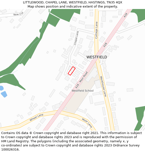 LITTLEWOOD, CHAPEL LANE, WESTFIELD, HASTINGS, TN35 4QX: Location map and indicative extent of plot