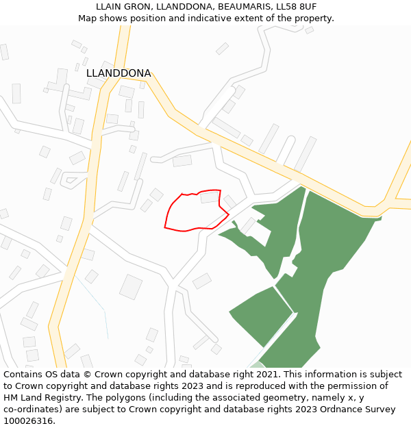 LLAIN GRON, LLANDDONA, BEAUMARIS, LL58 8UF: Location map and indicative extent of plot