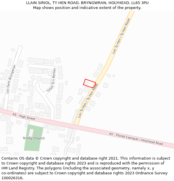 LLAIN SIRIOL, TY HEN ROAD, BRYNGWRAN, HOLYHEAD, LL65 3PU: Location map and indicative extent of plot