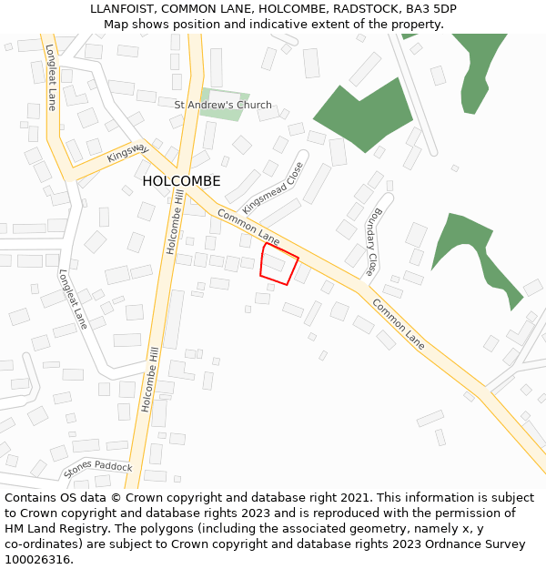 LLANFOIST, COMMON LANE, HOLCOMBE, RADSTOCK, BA3 5DP: Location map and indicative extent of plot