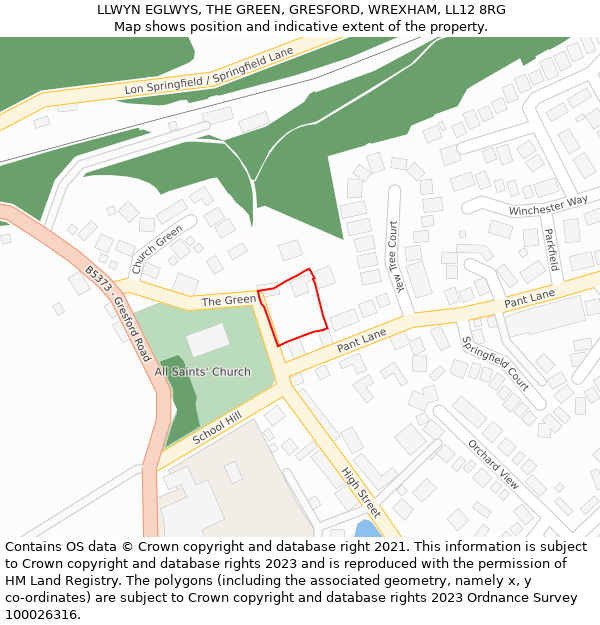 LLWYN EGLWYS, THE GREEN, GRESFORD, WREXHAM, LL12 8RG: Location map and indicative extent of plot