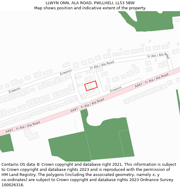 LLWYN ONN, ALA ROAD, PWLLHELI, LL53 5BW: Location map and indicative extent of plot