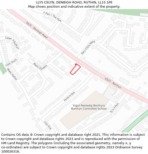 LLYS CELYN, DENBIGH ROAD, RUTHIN, LL15 1PE: Location map and indicative extent of plot