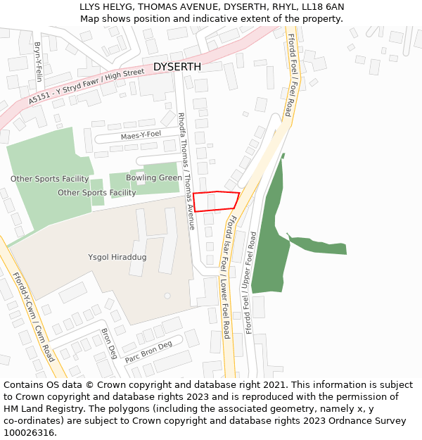 LLYS HELYG, THOMAS AVENUE, DYSERTH, RHYL, LL18 6AN: Location map and indicative extent of plot