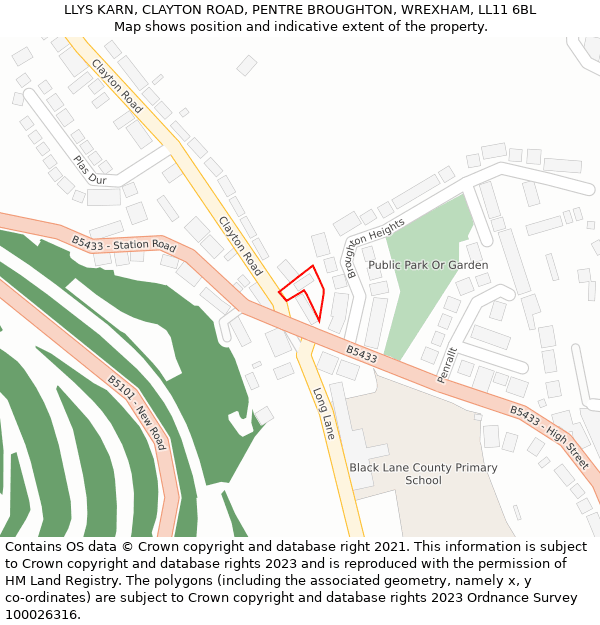 LLYS KARN, CLAYTON ROAD, PENTRE BROUGHTON, WREXHAM, LL11 6BL: Location map and indicative extent of plot