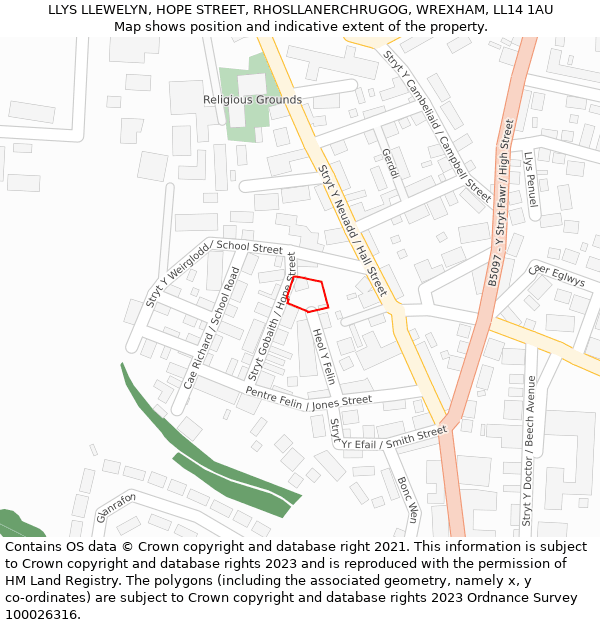 LLYS LLEWELYN, HOPE STREET, RHOSLLANERCHRUGOG, WREXHAM, LL14 1AU: Location map and indicative extent of plot