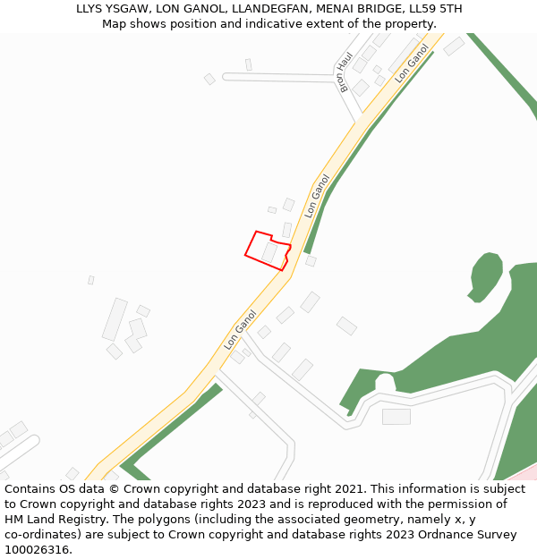LLYS YSGAW, LON GANOL, LLANDEGFAN, MENAI BRIDGE, LL59 5TH: Location map and indicative extent of plot
