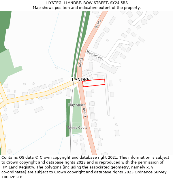 LLYSTEG, LLANDRE, BOW STREET, SY24 5BS: Location map and indicative extent of plot