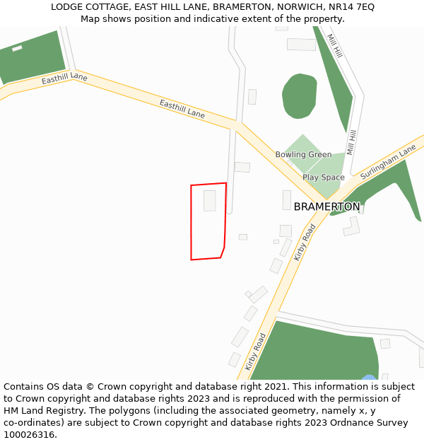 LODGE COTTAGE, EAST HILL LANE, BRAMERTON, NORWICH, NR14 7EQ: Location map and indicative extent of plot
