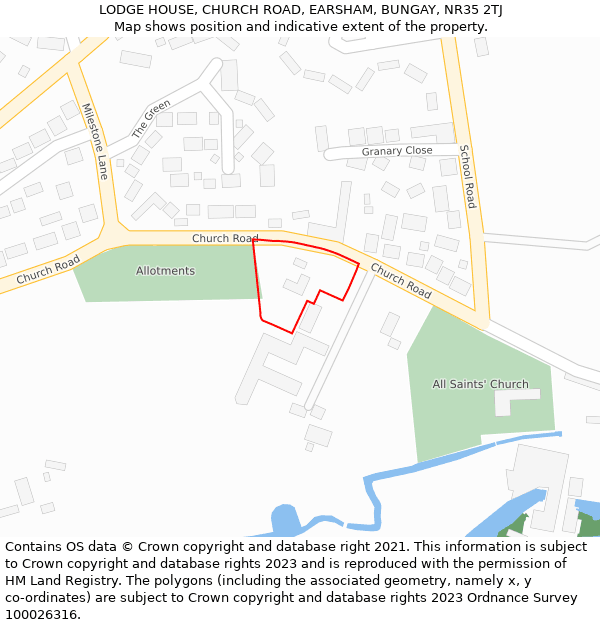 LODGE HOUSE, CHURCH ROAD, EARSHAM, BUNGAY, NR35 2TJ: Location map and indicative extent of plot