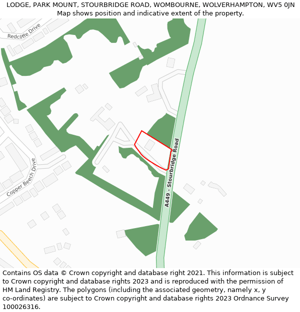 LODGE, PARK MOUNT, STOURBRIDGE ROAD, WOMBOURNE, WOLVERHAMPTON, WV5 0JN: Location map and indicative extent of plot