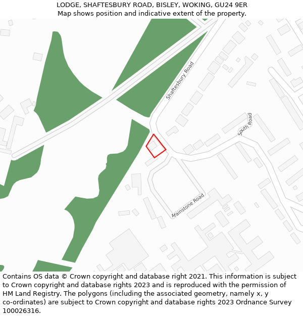 LODGE, SHAFTESBURY ROAD, BISLEY, WOKING, GU24 9ER: Location map and indicative extent of plot