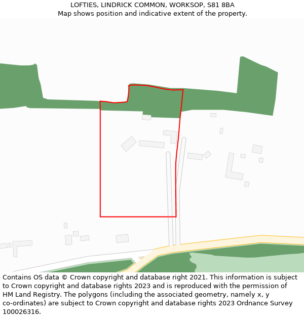 LOFTIES, LINDRICK COMMON, WORKSOP, S81 8BA: Location map and indicative extent of plot