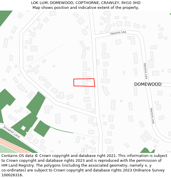 LOK LUM, DOMEWOOD, COPTHORNE, CRAWLEY, RH10 3HD: Location map and indicative extent of plot