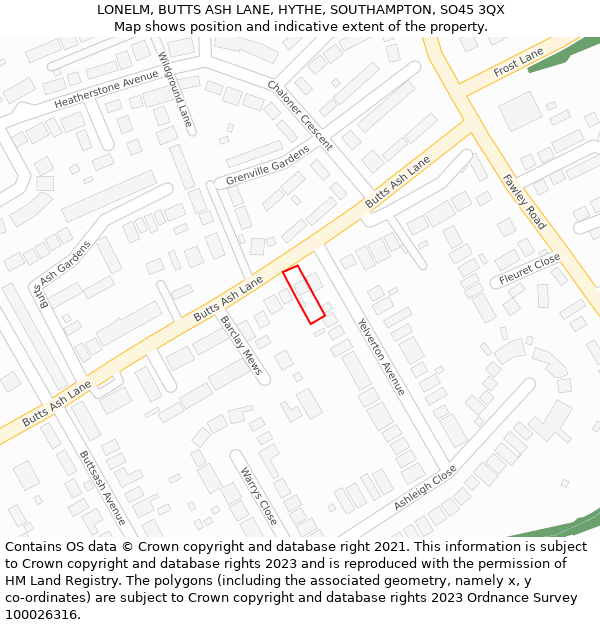 LONELM, BUTTS ASH LANE, HYTHE, SOUTHAMPTON, SO45 3QX: Location map and indicative extent of plot