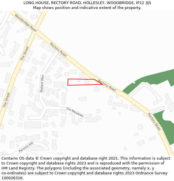 LONG HOUSE, RECTORY ROAD, HOLLESLEY, WOODBRIDGE, IP12 3JS: Location map and indicative extent of plot