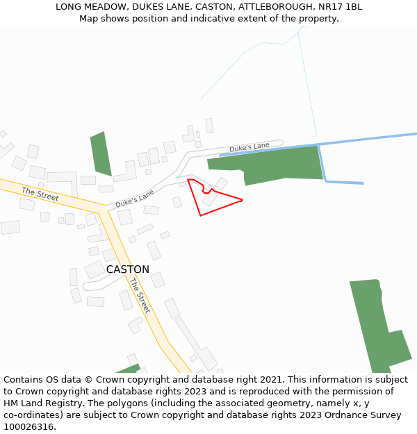 LONG MEADOW, DUKES LANE, CASTON, ATTLEBOROUGH, NR17 1BL: Location map and indicative extent of plot