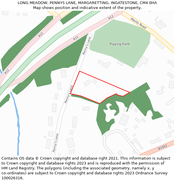 LONG MEADOW, PENNYS LANE, MARGARETTING, INGATESTONE, CM4 0HA: Location map and indicative extent of plot