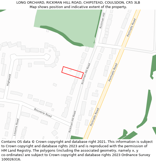 LONG ORCHARD, RICKMAN HILL ROAD, CHIPSTEAD, COULSDON, CR5 3LB: Location map and indicative extent of plot