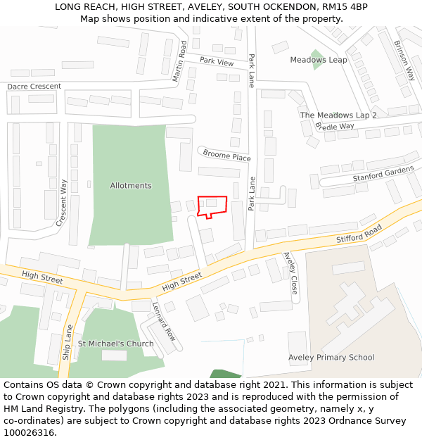 LONG REACH, HIGH STREET, AVELEY, SOUTH OCKENDON, RM15 4BP: Location map and indicative extent of plot