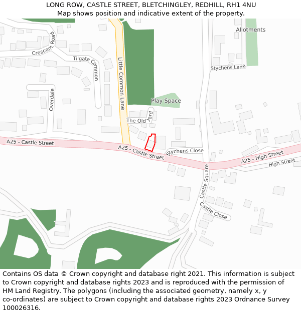 LONG ROW, CASTLE STREET, BLETCHINGLEY, REDHILL, RH1 4NU: Location map and indicative extent of plot