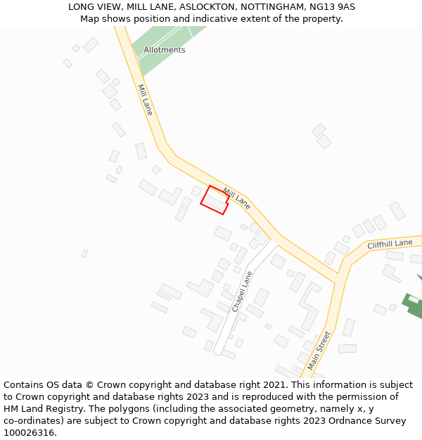 LONG VIEW, MILL LANE, ASLOCKTON, NOTTINGHAM, NG13 9AS: Location map and indicative extent of plot