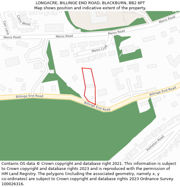 LONGACRE, BILLINGE END ROAD, BLACKBURN, BB2 6PT: Location map and indicative extent of plot